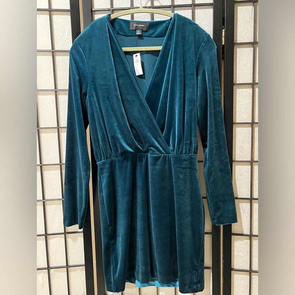 BANANA REPUBLIC Teal Velvet Long Sleeve Waist-Defined MINI Dress WOMEN SIZE M